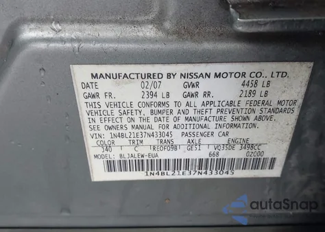 2007 Nissan Altima 3.5 Sl from USA, damaged, VIN 1N4BL21E37N433045